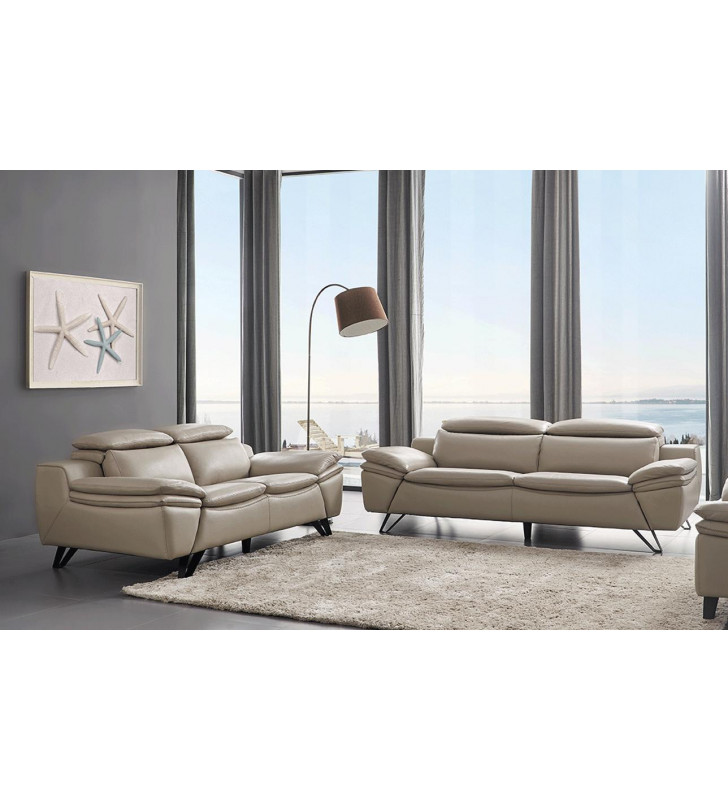Light Grey Top-Grain Leather Sofa & Loveseat 2Pcs W/ Adjustable Headrests Contemporary ESF 973 