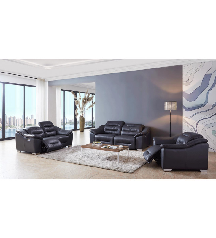 Dark Grey Top-Grain Leather Electric Recliner Sofa Set 3Pcs Contemporary ESF 972