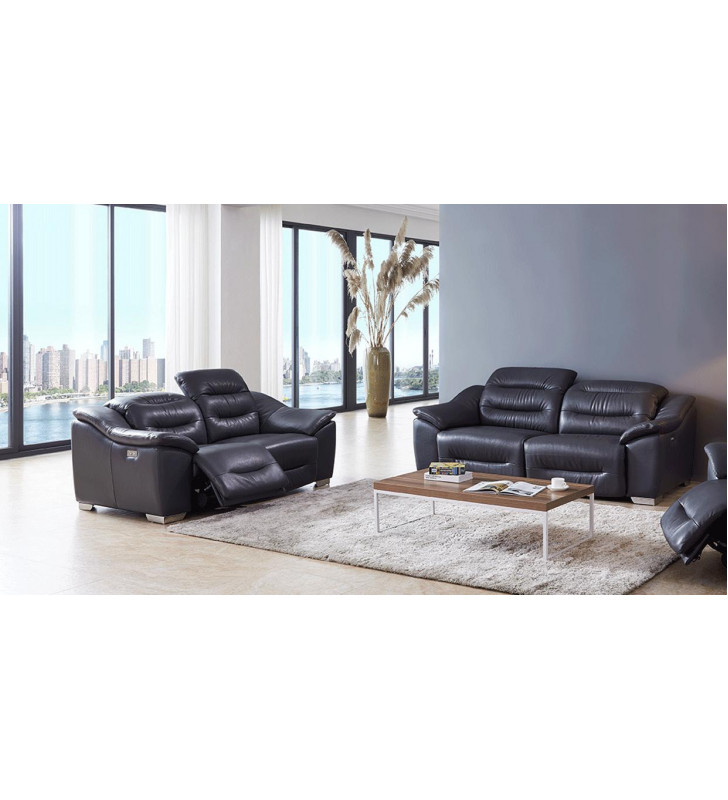 Dark Grey Top-Grain Leather Electric Recliner Sofa Set 2Pcs Contemporary ESF 972