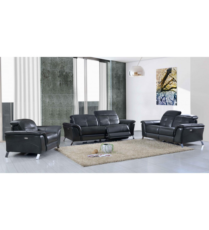 Dark Grey Top-Grain Leather Electric Recliner Sofa Set 3Ps Contemporary ESF 2619