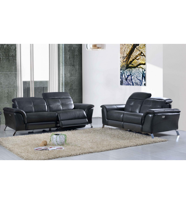 Dark Grey Top-Grain Leather Electric Recliner Sofa Set 2Ps Contemporary ESF 2619
