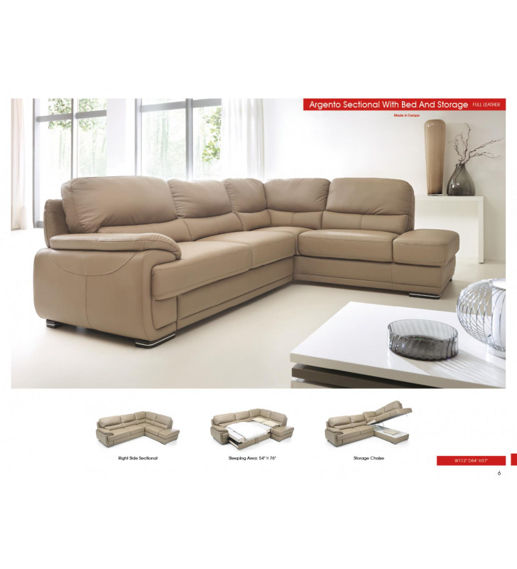 Chic Beige Full Leather Sectional Sofa Bed w/Storage Modern Right ESF Argento
