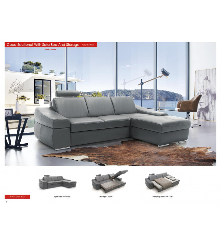 Chic Grey Full Leather Sectional Sofa Bed w/Storage Contemporary Right ESF Coco 