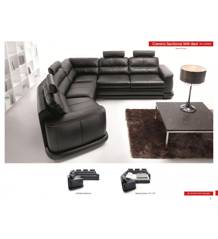 Black Italian Genuine Leather Sectional Sofa Bed Contemporary Left ESF Camino