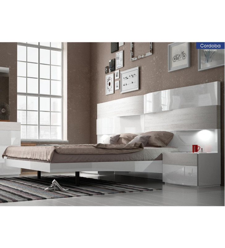 Glossy White Queen Bedroom Set 3Pcs Contemporary Made in Spain ESF Cordoba