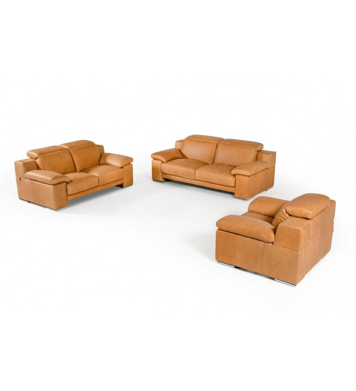 Cognac Full Italian Leather Sofa Set 3Pc Modern VIG Estro Salotti Evergreen 