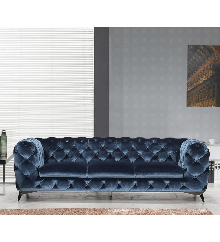 Blue Velour Fabric Chesterfield Sofa Modern J&M Glitz