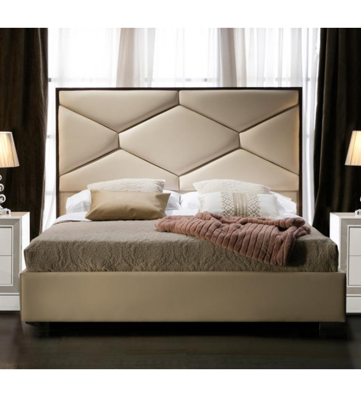 Beige Premium Eco Leather Upholstery Queen Size Bed Made in Spain ESF Martina