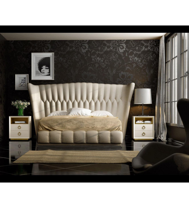 Beige Eco Leather Tufted King Bedroom Set 3Pcs Made in Spain ESF Velvet 
