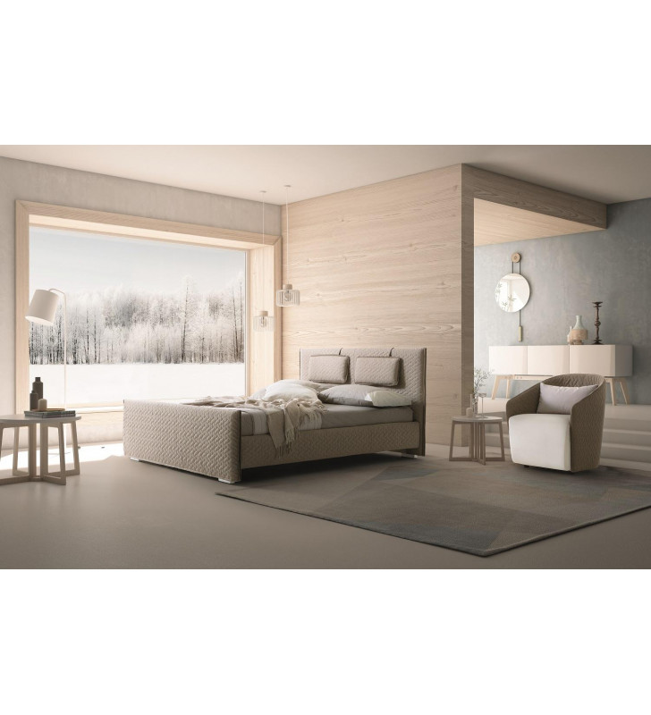 J&M Evergreen Light Beige Fabric Plush Headboard Platform Queen Size Bed Modern