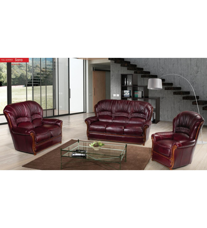 Modern Italian Leather Living Room Sofa Set 3 Pcs Burgundy Traditional ESF Sara