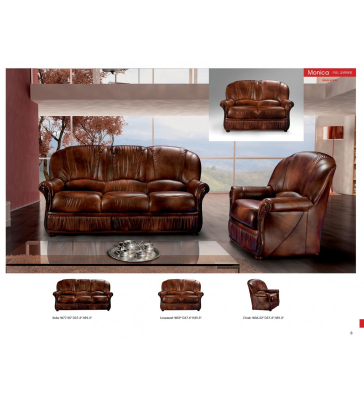 Brown Full Top-grain Leather Living Room Sofa Set 3Pcs Classic ESF Monica