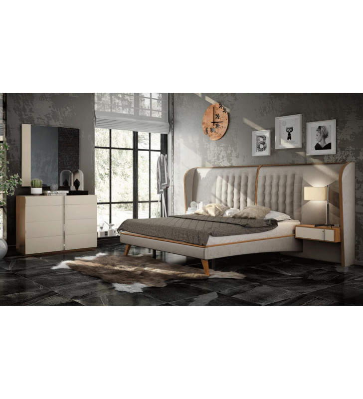 Lacquer Wood Veneer & Cream Fabric King Bedroom Set 5 Made in Spain ESF Cadiz 
