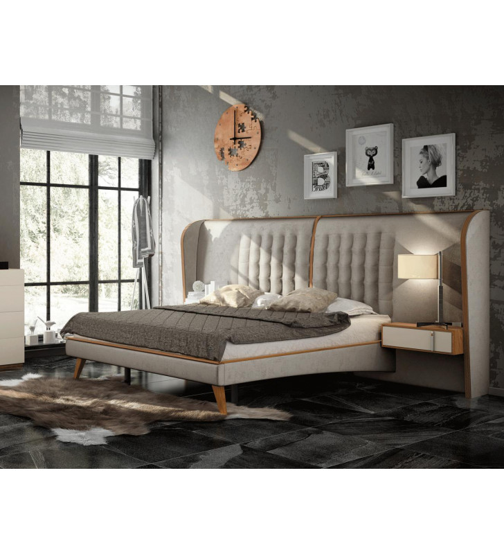 Lacquer Wood Veneer & Cream Fabric King Bedroom Set 3Pc Made in Spain ESF Cadiz 