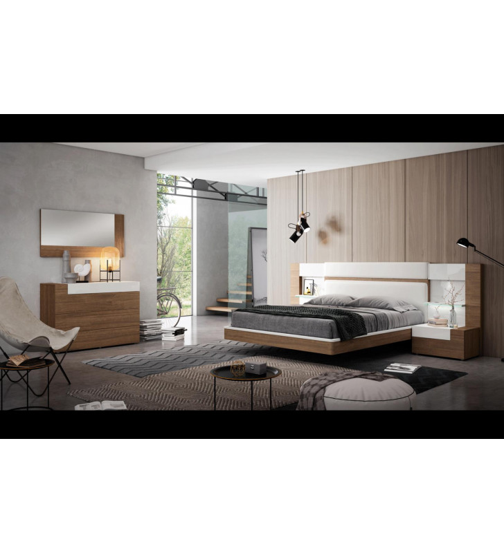 Walnut Veneer & White Eco Leather Queen Bedroom Set 5Pcs Made in Spain ESF Mar