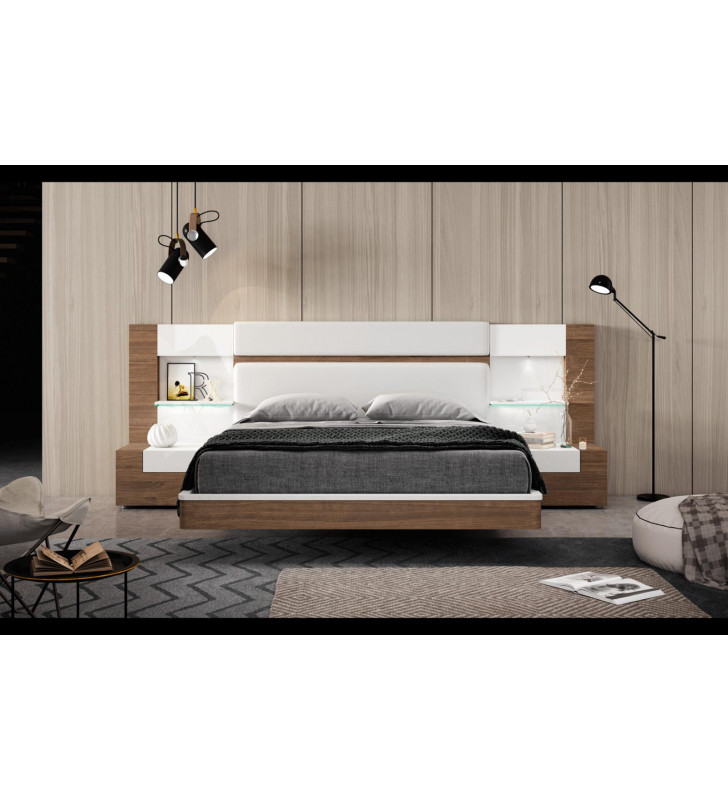 Walnut Veneer & White Eco Leather King Bed w/2 Nightstands Made in Spain ESF Mar
