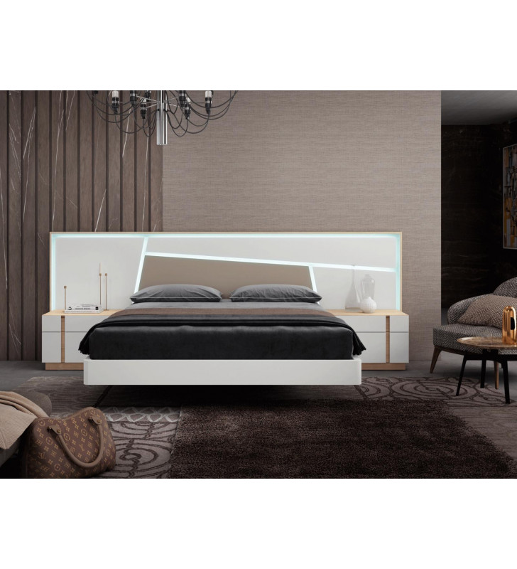 Matt White & Natural Oak Queen Bed & 2 Nightstands Made in Spain ESF Anna