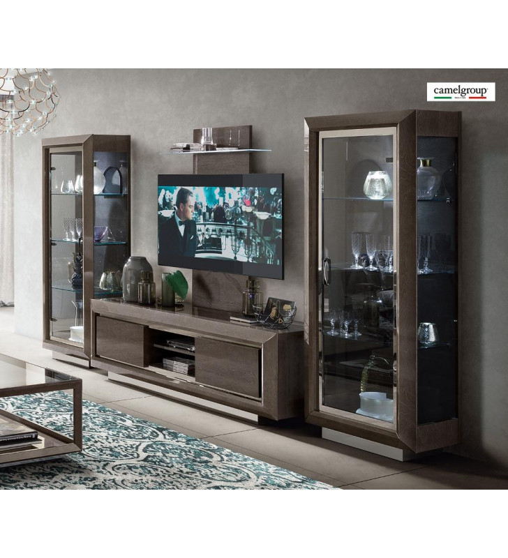 Contemporary High Gloss Walnut Entertainment Center 4Ps Made in Italy ESF Elite 