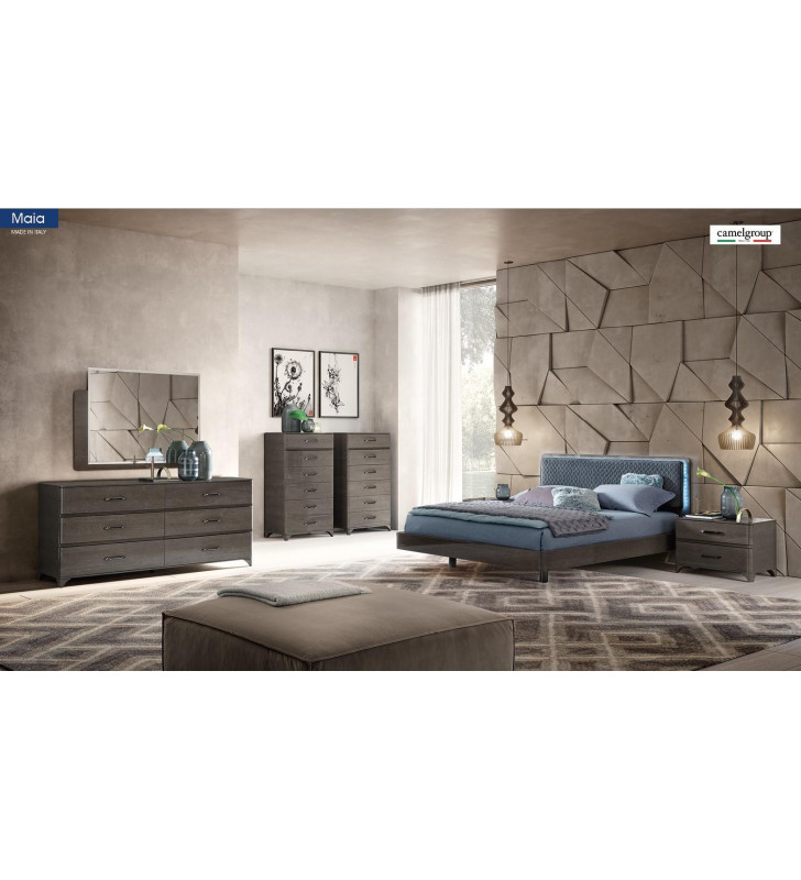 High Gloss Grey & Bluish Fabric King Bedroom Set 5 Pcs Made in Italy ESF Maia