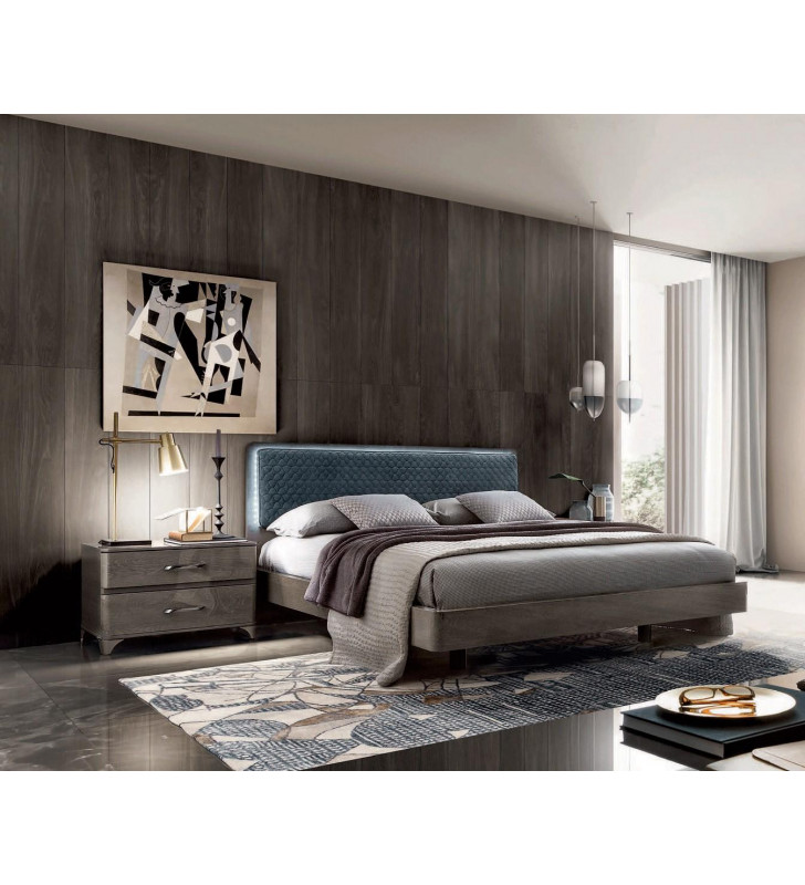 High Gloss Grey & Bluish Fabric Queen Bed & 2 Nightstands Made in Italy ESF Maia