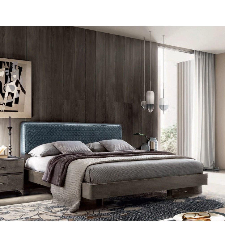 High Gloss Grey & Bluish Fabric King Size Bed Made in Italy ESF Maia