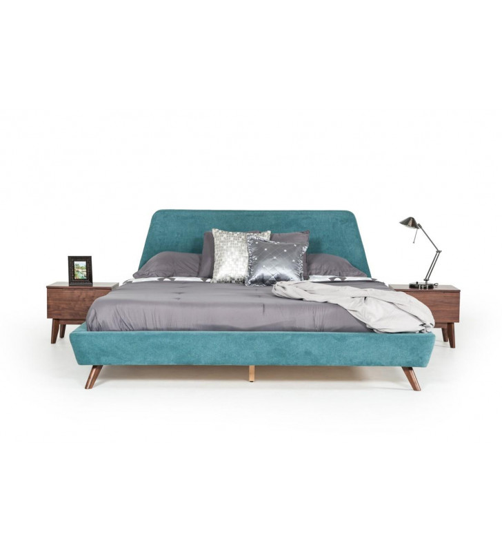 Teal & Walnut King Upholstered Bed Mid-Century Modern VIG Modrest Lewis 