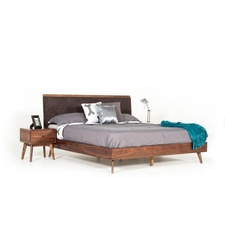 Brown Fabric & Walnut Queen Bed VIG  Modrest Marshall Mid-Century Modern