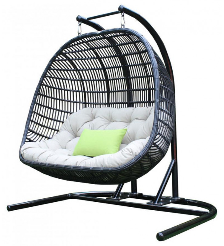 Outdoor Swing Chair Black & Beige Bamboo Rattan Seat VIG Renava San Juan 