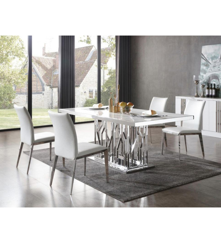 White Marble & Stainless Steel Dining Table VIG Modrest Marston Modern 