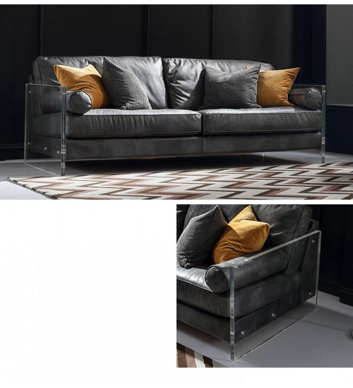 Grey Genuine Leather & Acrylic Sofa Divani Casa Lawton Modern Contemporary