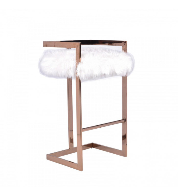 White Faux Fur & Rosegold Bar Stool VIG Modrest Halifax Modern Contemporary