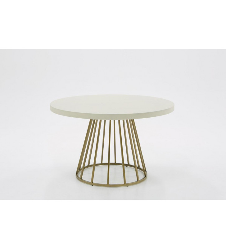 White Concrete & Antique Brass Round Dining Table VIG Modrest Harper Modern 