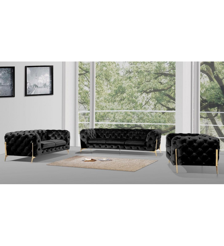 Black Velvet Tufted Sofa Set 3 Pcs VIG Divani Casa Sheila Modern Contemporary