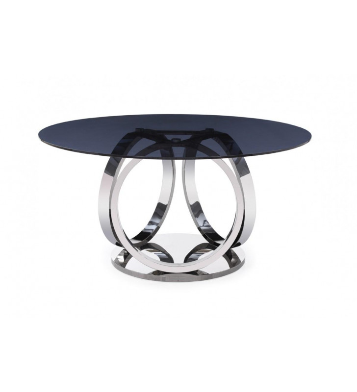 Smoked Glass & Stainless Steel Round Dining Table VIG Modrest Kilson Modern 