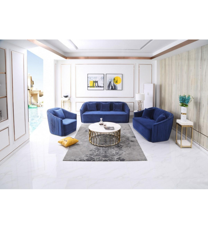 Blue Velvet & Brass Sofa Set 3 Pcs VIG Divani Casa Palomar Modern Contemporary