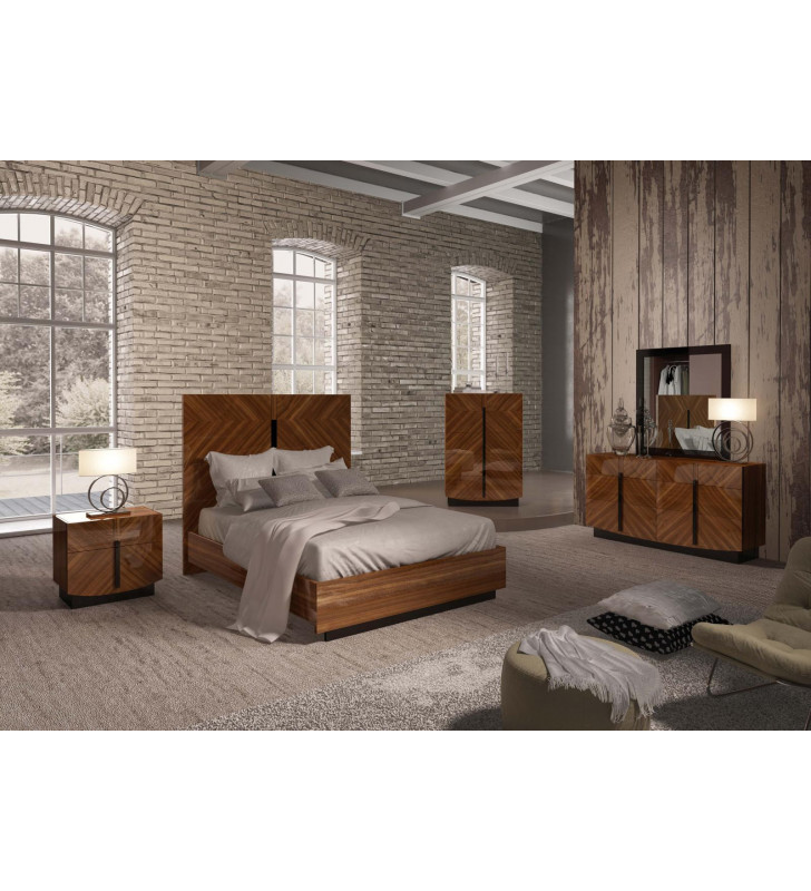 ESF Flavia Glossy Walnut Finish Queen Bedroom Set 5Pcs Made in Italy Contemporary
