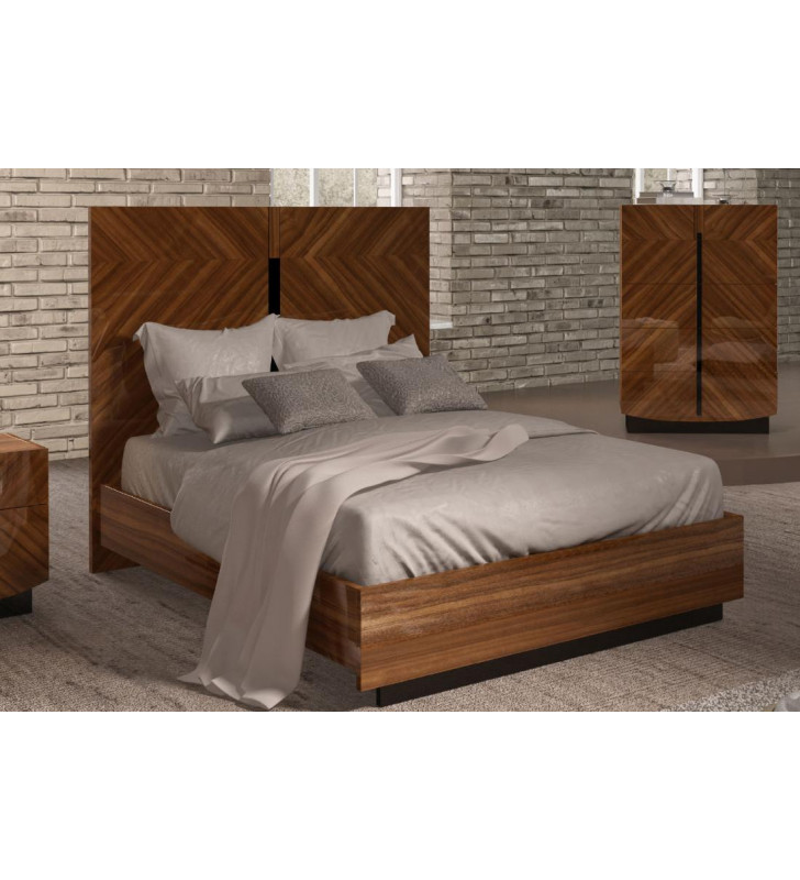 ESF Flavia Glossy Walnut Finish Queen Bed Made in Italy Modern Contemporary