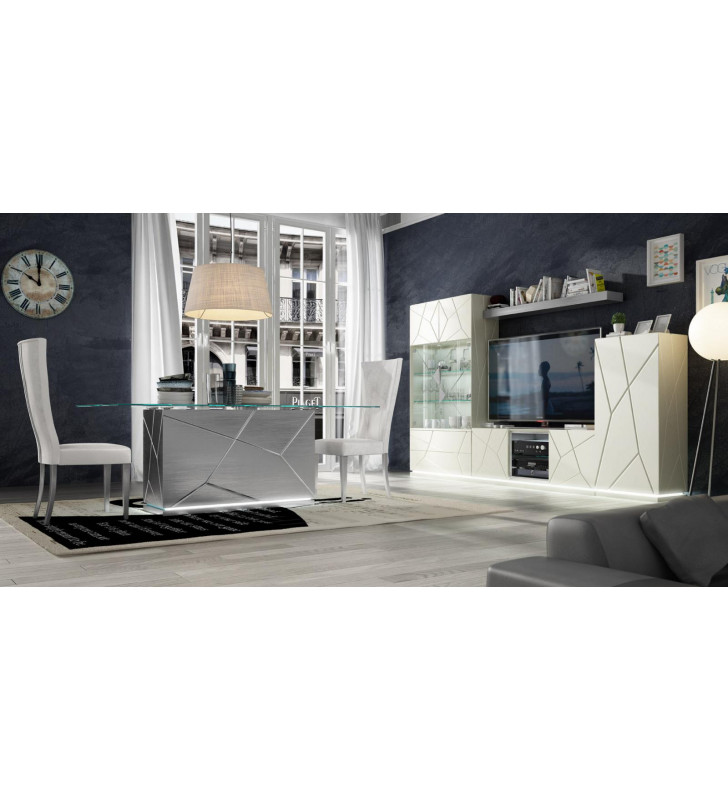 ESF EX01 Glass Top Dining Set & TV Entertainment Center w/ Led Lights 11 Pcs Made in Spain