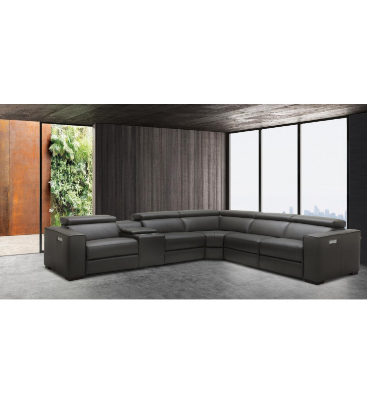 J&M Picasso Modern Dark Grey Top Grain Leather 6Pcs Motion Sectional Right Hand Chase