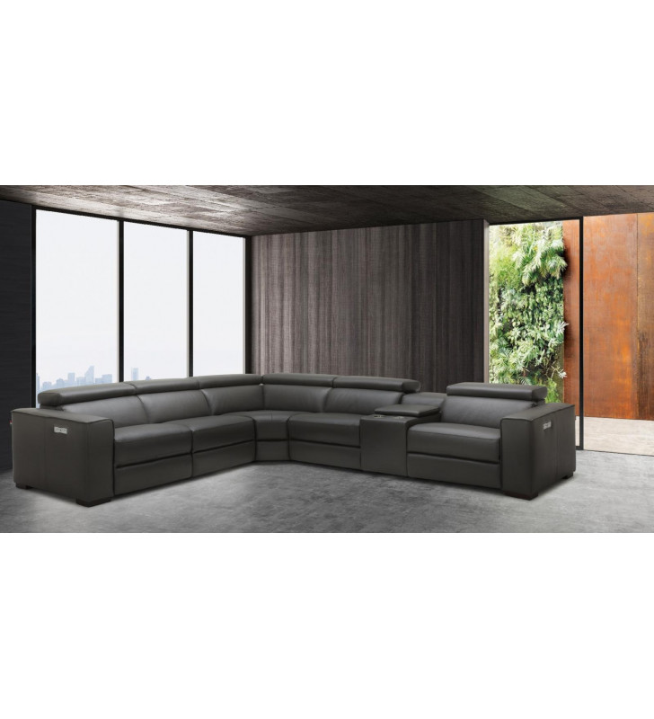 J&M Picasso Modern Dark Grey Top Grain Leather 6Pcs Motion Sectional Left Hand Chase