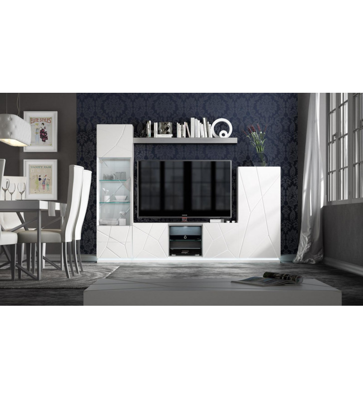 ESF EX06 Modern White Matt Finish Entertainment Unit w/ Led Light 4 Pcs Made in Spain
