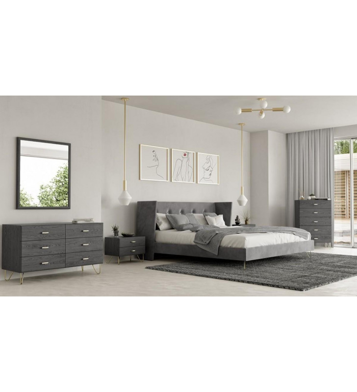 Charcoal Velvet Queen Bedroom Set 6 Pcs Modrest Bryan VIG Modern Contemporary