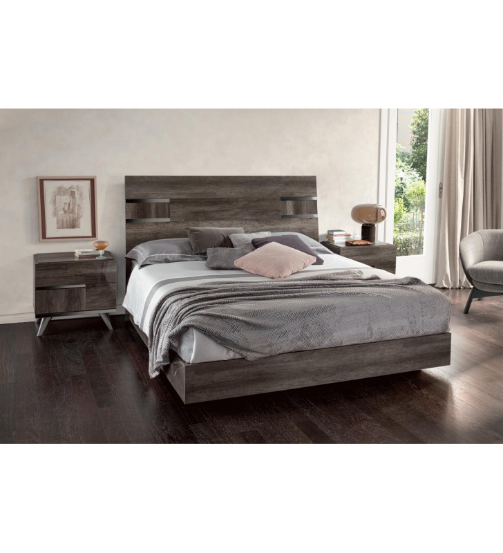 Vintage Oak Gloss Finish Queen Bed & 2 Nightstands Made in Italy ESF Medea