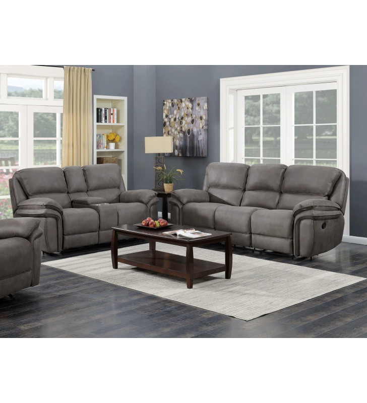 Contemporary Gray Faux Leather Living Power Recliner Sofa & Loveseat ESF Gabriel