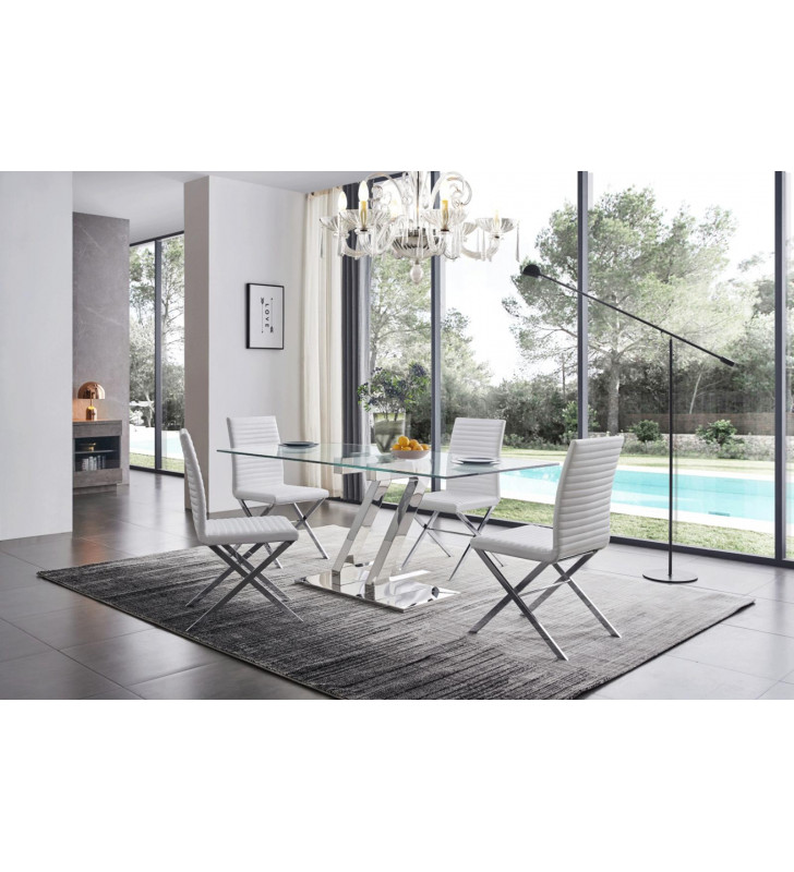 Tempered Glass Dining Table 160 Set w/85 White Chairs Modern 5Pcs ESF ZZ