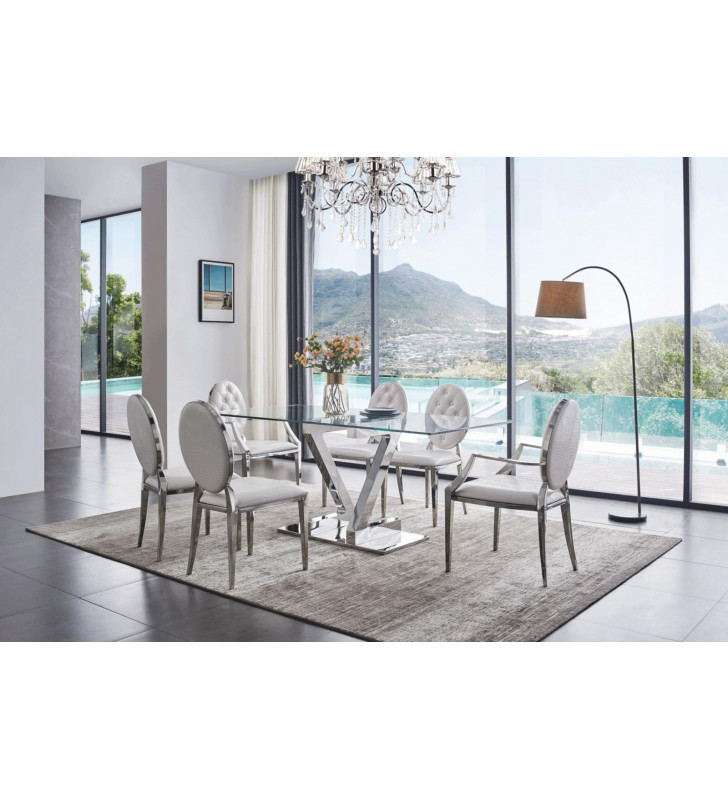 Modern Tempered Glass Dining Table 180 Set w/ 110 White Chairs 7Pcs ESF ZZ
