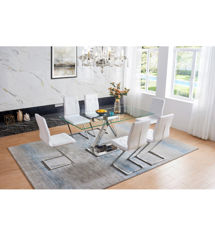 Modern Tempered Glass Dining Table 180 Set w/ ZZ White Chairs 5Pcs ESF ZZ