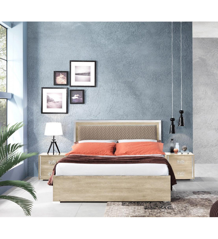 Glossy Beige Finish Queen Bed & 2 Nighstands Set 3Pcs Modern Made in Italy ESF Dover
