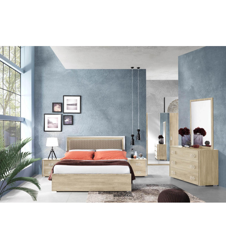 Glossy Beige Finish King Size Bedroom Set w/ Wardrobe 6Pcs Modern Made in Italy ESF Dover