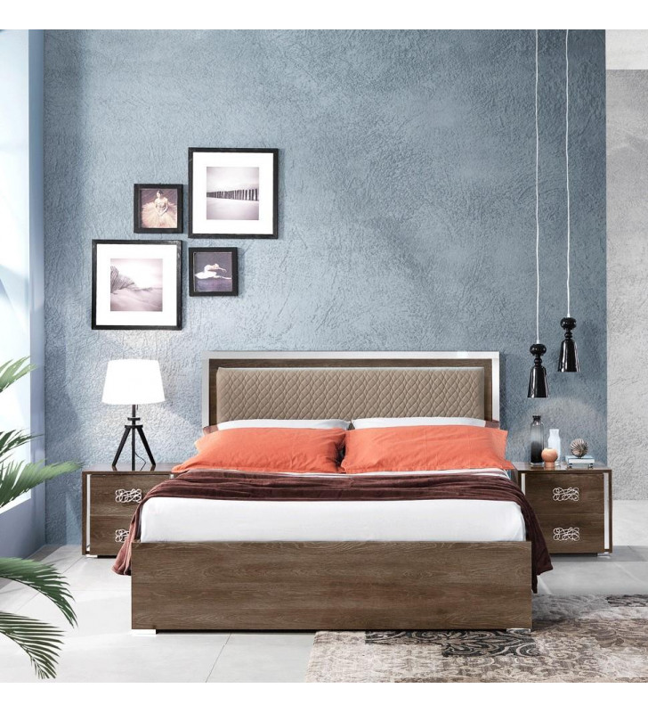 Glossy Brown Finish Queen Bed & 2 Nighstands Set 3Pcs Modern Made in Italy ESF Dover